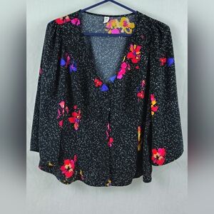 bp Black Floral V-Neck Button-Front Blouse with Pink, Purple & Yellow Accents
